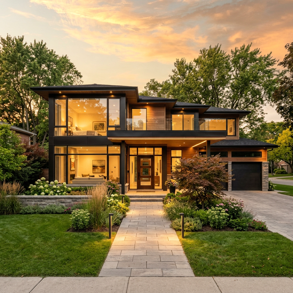 Modern two-story home with warm lights, landscaped garden, and sunset sky