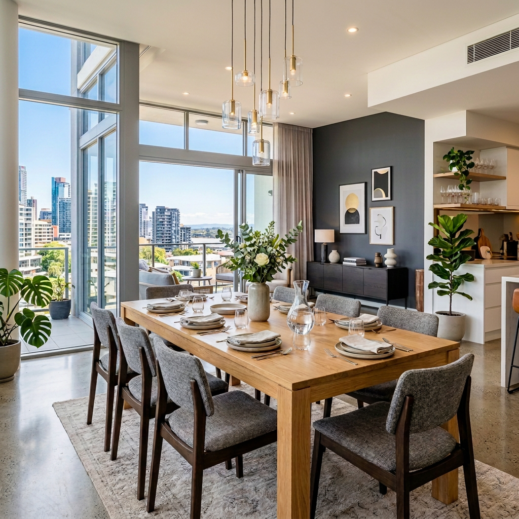 Contemporary Apartment Dining Room Interior Modern dining room with set table, plants, city views, and pendant lights