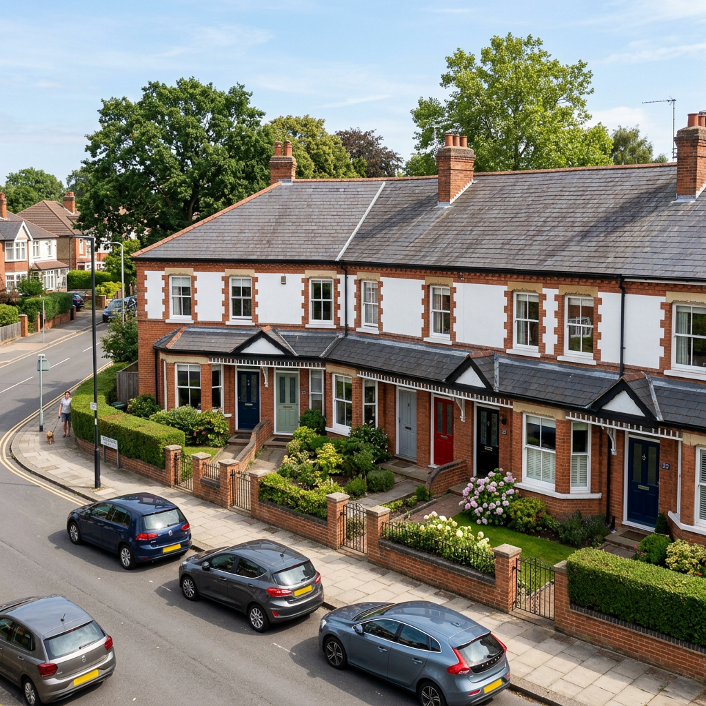 Traditional British terraced houses with gardens, parked cars, and leafy trees