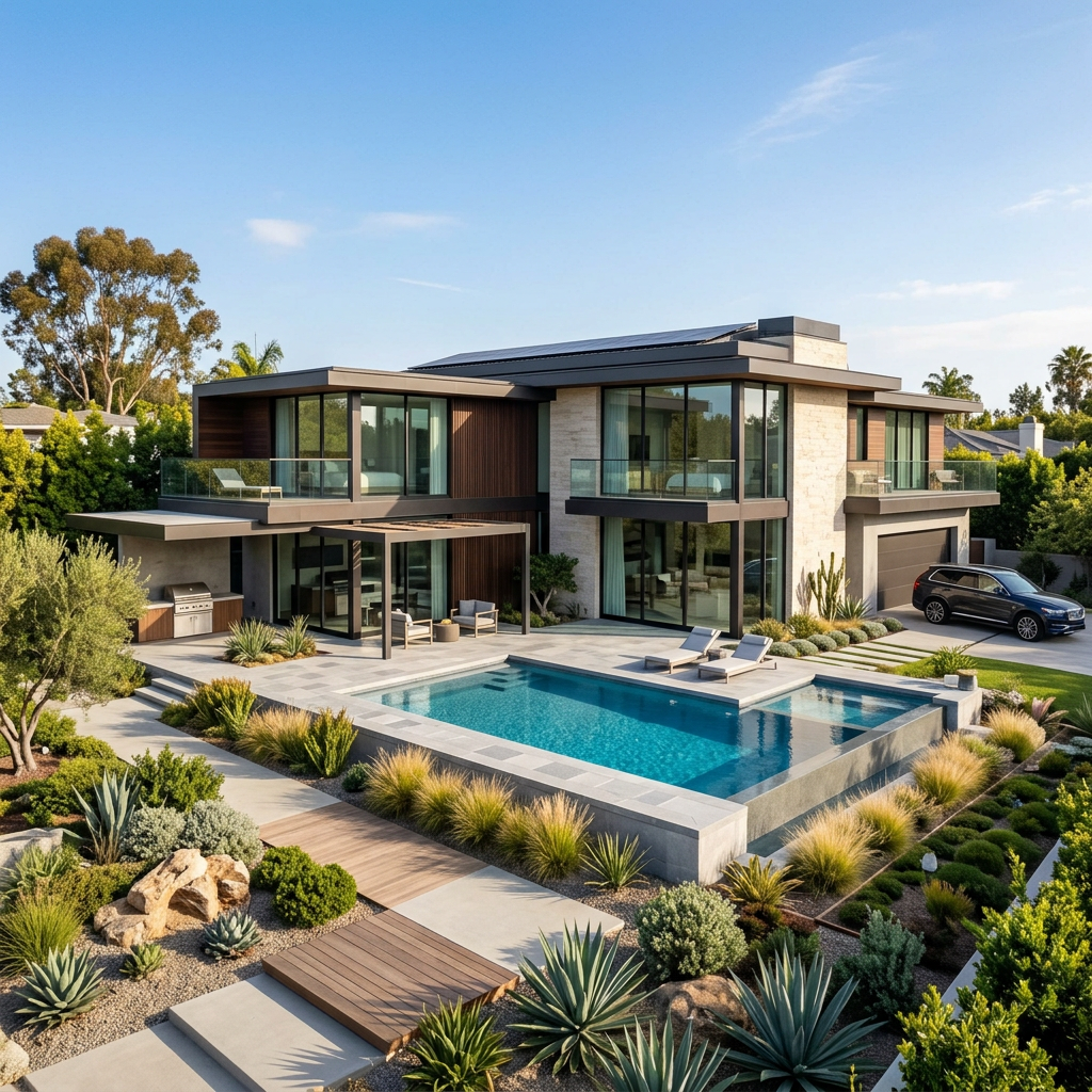 Modern glass-walled home with swimming pool and landscaped garden